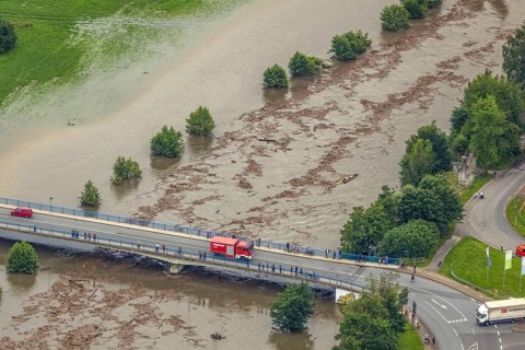 Aerial photo, Ruhr flood, flood after heavy rainfall, Wickede, Sauerland, North Rhine-Westphalia,