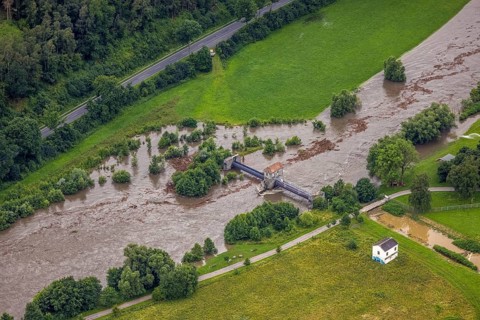 Aerial photo, Ruhr flood, flood after heavy rainfall, Wickede, Sauerland, North Rhine-Westphalia,