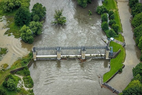 Aerial photo, Ruhr flood, flood after heavy rainfall, Wickede, Sauerland, North Rhine-Westphalia,