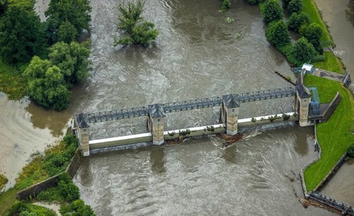 Aerial photo, Ruhr flood, flood after heavy rainfall, Wickede, Sauerland, North Rhine-Westphalia,