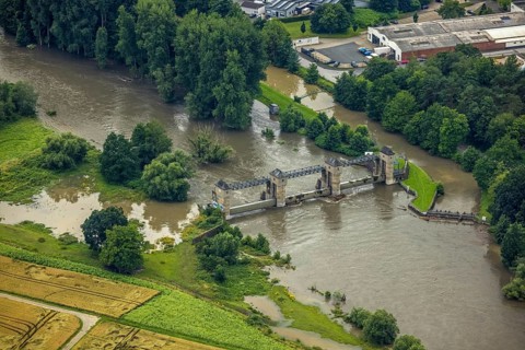 Aerial view, Ruhr flood, flood after heavy rainfall, Echthausen, Wickede, Sauerland, North