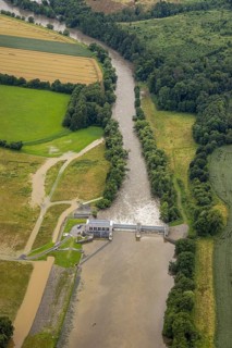 Aerial photo, Ruhr flood, barrage Ense Wickede, flood after heavy rainfall, Waltringen, Ense,