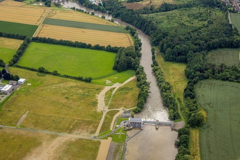 Aerial photo, Ruhr flood, barrage Ense Wickede, flood after heavy rainfall, Waltringen, Ense,
