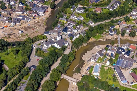 Aerial view, flood area with river Ahr and bridge damage and St. Gertrud Church in Schuld, Ahr
