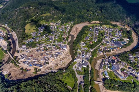 Aerial photograph, flood area with river Ahr in Schuld, Ahr valley, Rhineland-Palatinate, Germany,
