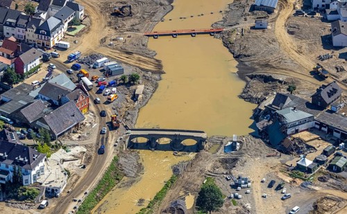 Aerial view, flood area at the river Ahr in the district of Rech, Altenahr, Ahr valley,