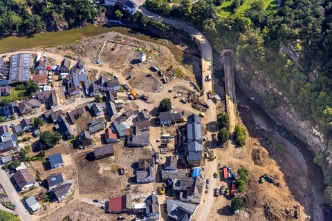 Aerial view, flood area with river Ahr and bridge damage in Schuld, Ahr valley,