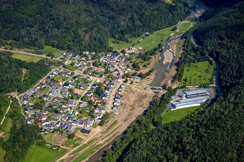 Aerial view, flood area at the river Ahr with destroyed Josef Emmerich bridge and temporary bridge