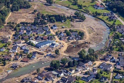 Aerial view, flood area at the river Ahr in Insul, Ahr valley, Rhineland-Palatinate, Germany, Ahr