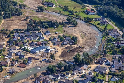 Aerial view, flood area at the river Ahr in Insul, Ahr valley, Rhineland-Palatinate, Germany, Ahr
