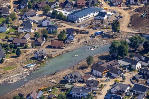 Aerial view, flood area at the river Ahr in Insul, Ahr valley, Rhineland-Palatinate, Germany, Ahr