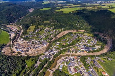 Aerial photograph, flood area with river Ahr in Schuld, Ahr valley, Rhineland-Palatinate, Germany,