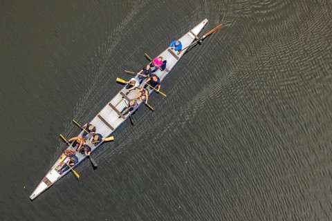 Aerial view, break while boating on the Kemnader Lake in the district Ostherbede in Witten, Ruhr