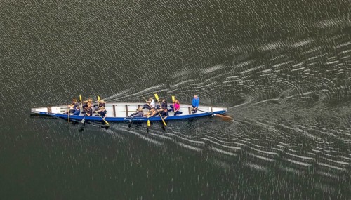 Aerial view, break while boating on the Kemnader Lake in the district Ostherbede in Witten, Ruhr