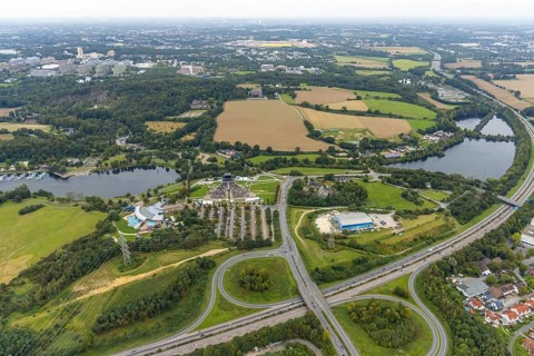 Aerial photo, tent festival at Lake Kemnader with corona-related beach chair edition 2021 in the