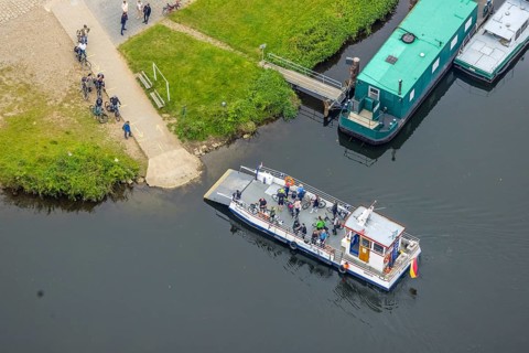Aerial view, RuhrtalFerry Hardenstein on the river Ruhr in the district Vormholz in Witten, Ruhr
