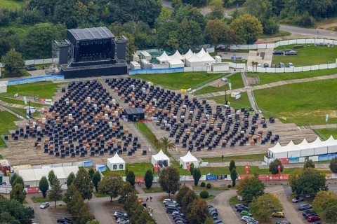 Aerial photo, tent festival at Lake Kemnader with corona-related beach chair edition 2021 in the