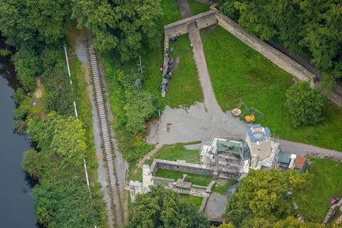 Aerial view, castle ruin Hardenstein renovation in the district Vormholz in Witten, Ruhr area,