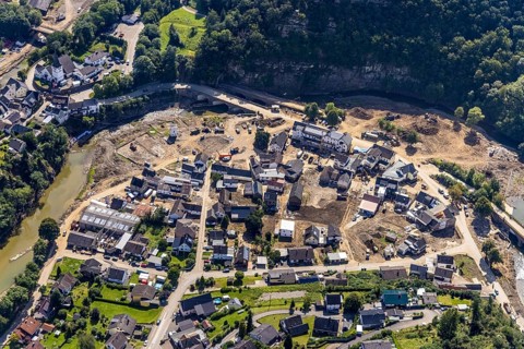 Aerial photograph, flood area with river Ahr in Schuld, Ahr valley, Rhineland-Palatinate, Germany,