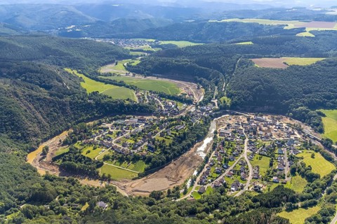 Aerial photograph, flood area with river Ahr in Schuld, Ahr valley, Rhineland-Palatinate, Germany,