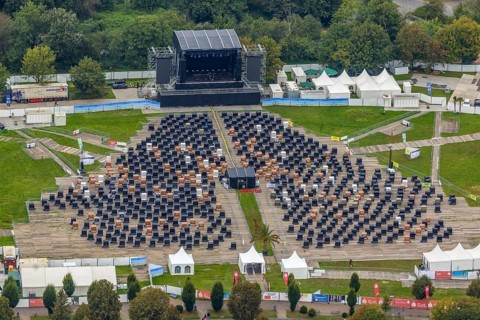 Aerial photo, tent festival at Lake Kemnader with corona-related beach chair edition 2021 in the