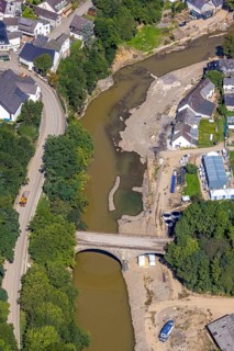 Aerial view, flood area with river Ahr and bridge damage in Schuld, Ahr valley,