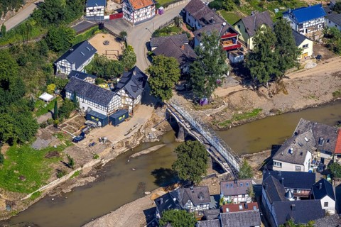 Aerial view, flood area with river Ahr and bridge damage Domhofstraße in Schuld, Ahr valley,