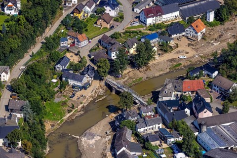 Aerial view, flood area with river Ahr and bridge damage Domhofstraße in Schuld, Ahr valley,