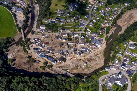 Aerial photograph, flood area with river Ahr in Schuld, Ahr valley, Rhineland-Palatinate, Germany,