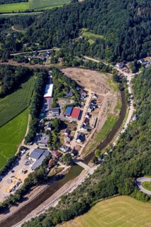 Aerial view, flood area with river Ahr and bridge damage in Schuld, Ahr valley,