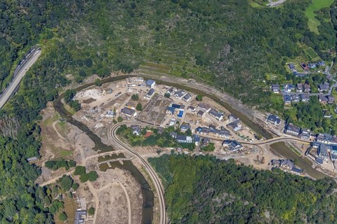 Aerial view, flood area at the river Ahr with cemetery Altenahr in Altenahr, Ahr valley,