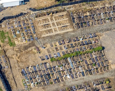 Aerial view, flood area at the river Ahr with cemetery Altenahr in Altenahr, Ahr valley,