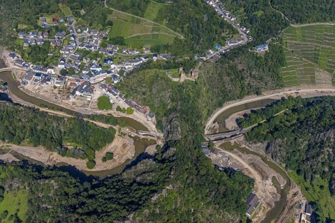 Aerial view, flood area at the river Ahr with destroyed bridges and tunnel entrances in Altenahr,