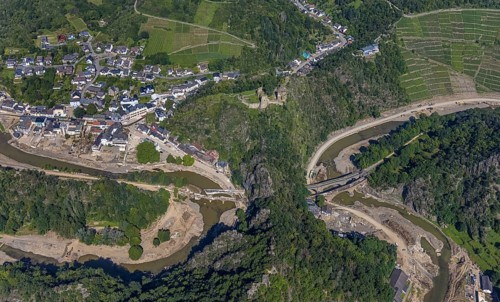 Aerial view, flood area at the river Ahr with destroyed bridges and tunnel entrances in Altenahr,