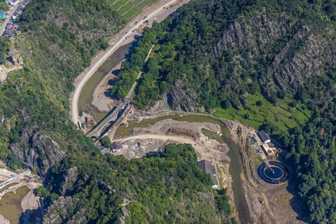 Aerial view, flood area at the river Ahr with destroyed bridges and tunnel entrances in Altenahr,