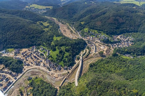 Aerial photograph, flood area at the river Ahr in Altenburg, Altenahr, Ahr valley,