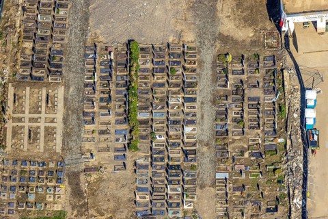 Aerial view, flood area at the river Ahr with cemetery Altenahr in Altenahr, Ahr valley,