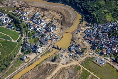 Aerial view, flood area at the river Ahr in the district of Rech, Altenahr, Ahr valley,