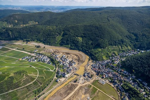 Aerial view, flood area at the river Ahr in the district of Rech, Altenahr, Ahr valley,