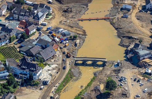 Aerial view, flood area at the river Ahr in the district of Rech, Altenahr, Ahr valley,