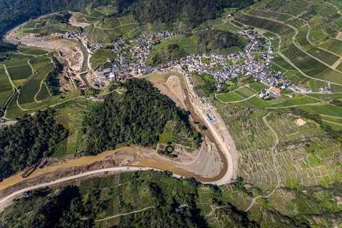 Aerial view, flood area at the river Ahr in the district Mayschoß in Altenahr, Mayschoß, Ahr