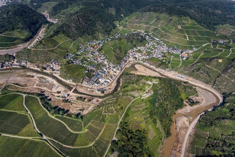 Aerial view, flood area at the river Ahr in the district Mayschoß in Altenahr, Mayschoß, Ahr