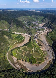 Aerial view, flood area at the river Ahr at vineyards in the districts Laach, Lochmühle and
