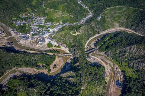 Aerial view, flood area at the river Ahr with destroyed bridges and tunnel entrances in Altenahr,