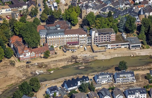 Aerial view, flood area at the river Ahr and Dr. von Ehrenwallsche Klinik in Walporzheim, Bad