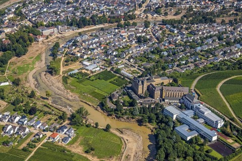 Aerial view, flood area at the river Ahr and Dr. von Ehrenwall's clinic and monastery with
