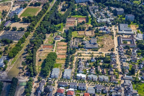 Aerial view, flood area at the river Ahr with destroyed HTC Bad Neuenahr tennis centre and TWIN