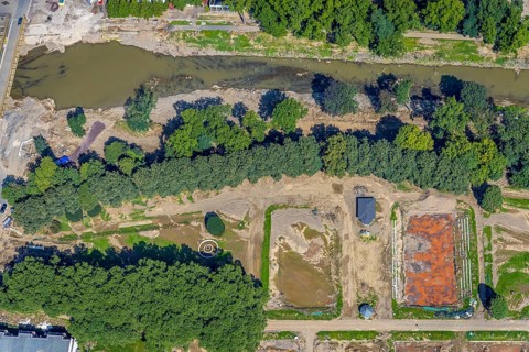 Aerial view, flood area at the river Ahr with destroyed HTC Bad Neuenahr tennis facility in Bad