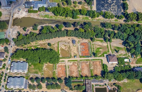 Aerial view, flood area at the river Ahr with destroyed HTC Bad Neuenahr tennis facility in Bad