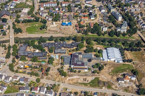 Aerial view, flood area at the river Ahr with Levana-Schule Bad Neuenahr-Ahrweiler e.V. and